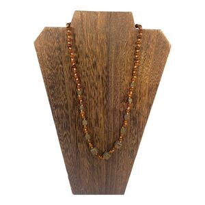 Vintage Castlecliff Signed Star Gold Tone Dice Polished  Wood Beads Necklace 24”